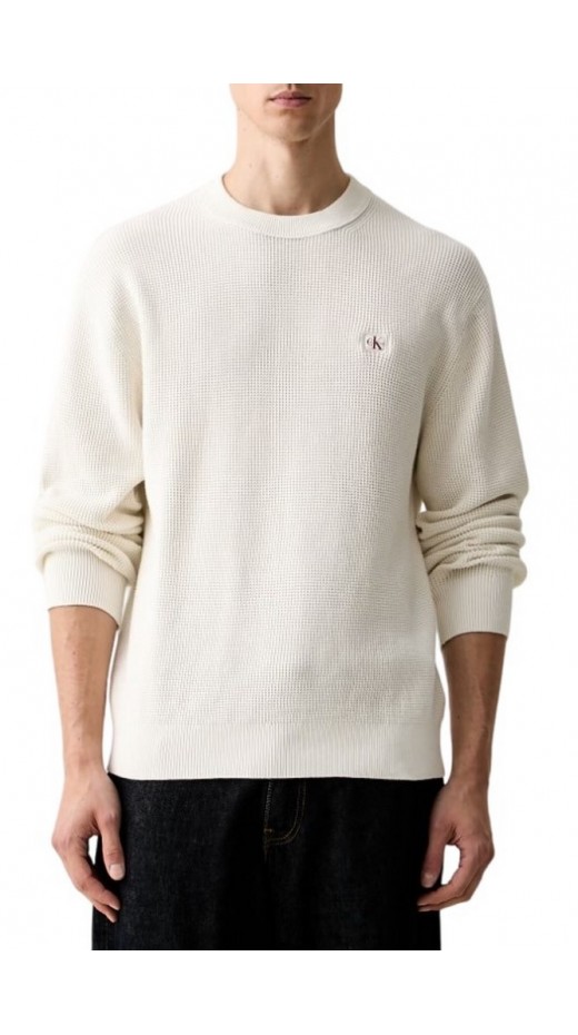 CALVIN KLEIN JEANS CLSC CTTN WFL CRWNK SWTR 9GG ΜΠΛΟΥΖΑ ΠΛΕΚΤΗ ΑΝΔΡΙΚΗ OFF WHITE