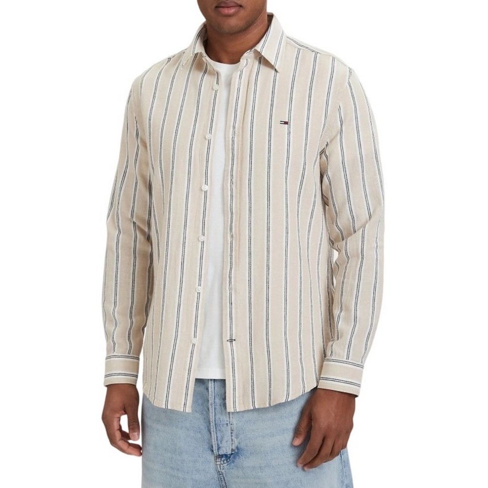 TOMMY JEANS REG LINEN MX STRP SHIRT EXT ΠΟΥΚΑΜΙΣΟ ΑΝΔΡΙΚΟ BEIGE