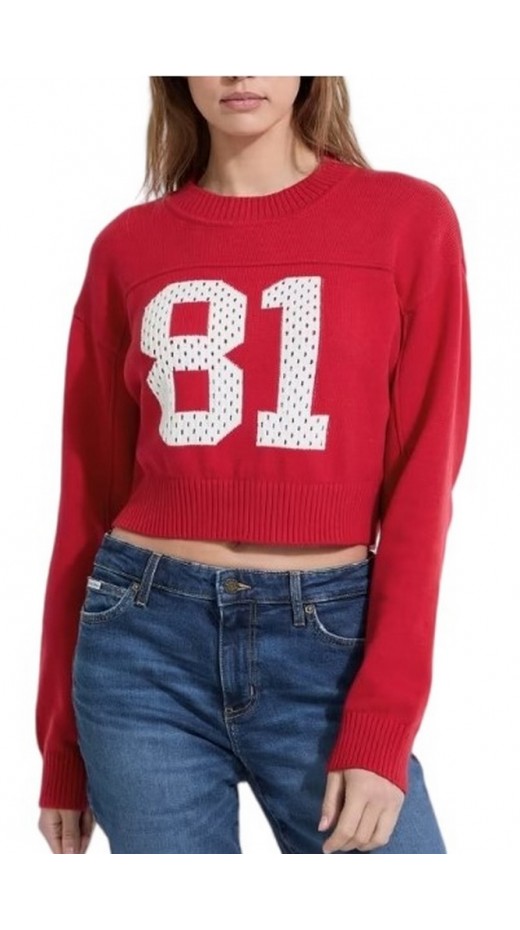 GUESS JEANS  LS CN CROP 81 SWTR  ΜΠΛΟΥΖΑ ΠΛΕΚΤΗ ΓΥΝΑΙΚΕΙΑ RED