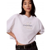 CALVIN KLEIN JEANS OS CROPPED DENIM APPLIQUE MONOLO T-SHIRT ΜΠΛΟΥΖΑ ΓΥΝΑΙΚΕΙΑ WHITE