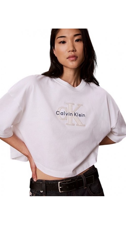 CALVIN KLEIN JEANS OS CROPPED DENIM APPLIQUE MONOLO T-SHIRT ΜΠΛΟΥΖΑ ΓΥΝΑΙΚΕΙΑ WHITE
