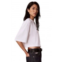 CALVIN KLEIN JEANS OS CROPPED DENIM APPLIQUE MONOLO T-SHIRT ΜΠΛΟΥΖΑ ΓΥΝΑΙΚΕΙΑ WHITE
