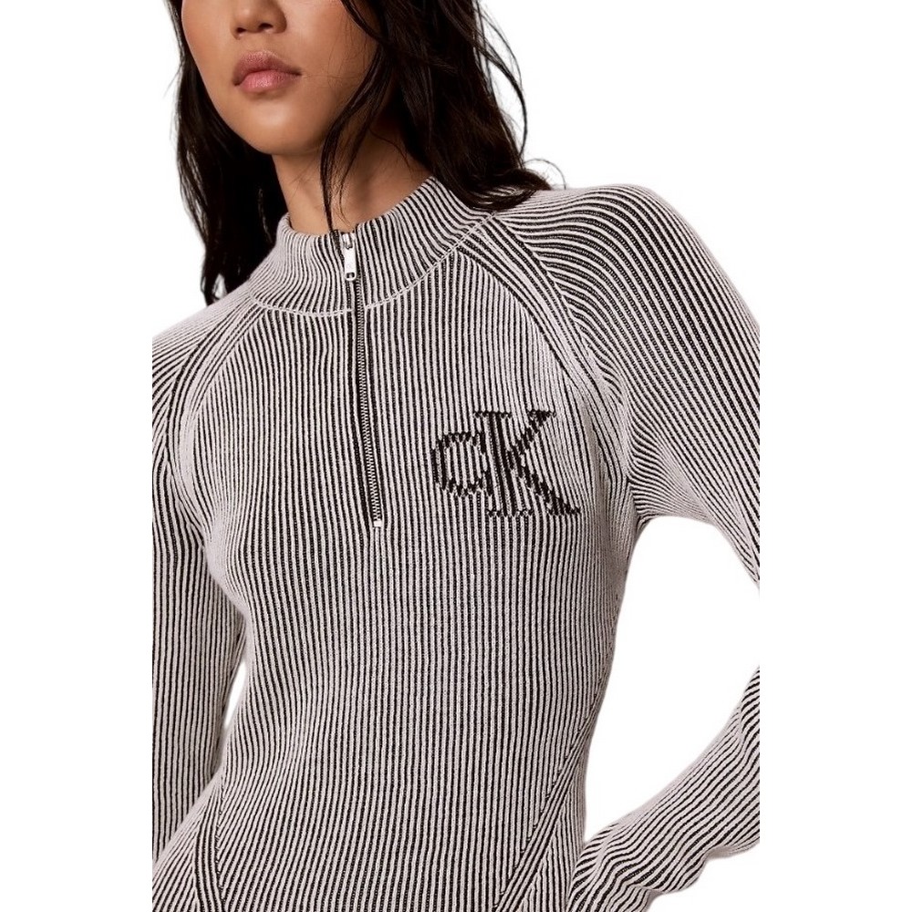 CALVIN KLEIN JEANS BICOLOR RIB ZIP UP DRESS ΦΟΡΕΜΑ ΠΛΕΚΤΟ ΓΥΝΑΙΚΕΙΟ BLACK/WHITE