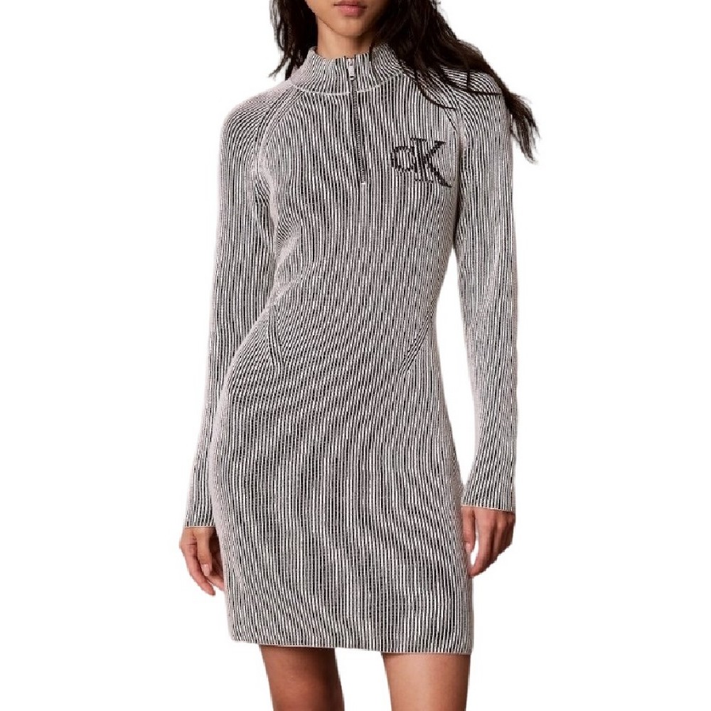 CALVIN KLEIN JEANS BICOLOR RIB ZIP UP DRESS ΦΟΡΕΜΑ ΠΛΕΚΤΟ ΓΥΝΑΙΚΕΙΟ BLACK/WHITE