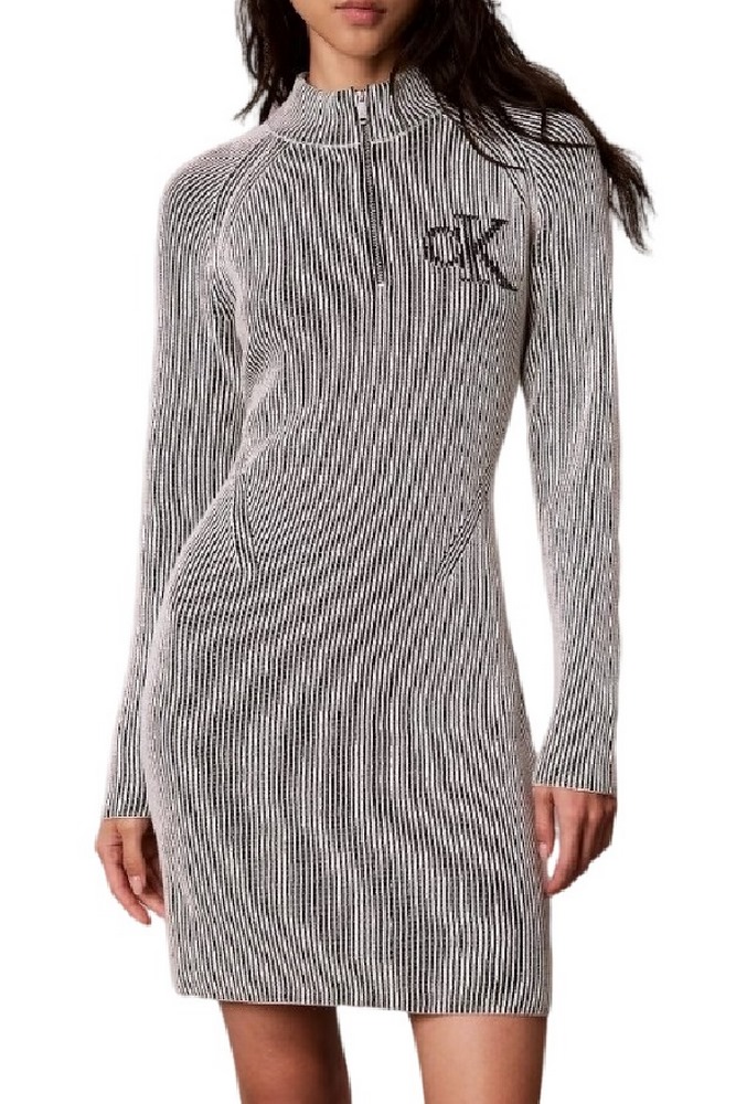 CALVIN KLEIN JEANS BICOLOR RIB ZIP UP DRESS ΦΟΡΕΜΑ ΠΛΕΚΤΟ ΓΥΝΑΙΚΕΙΟ BLACK/WHITE