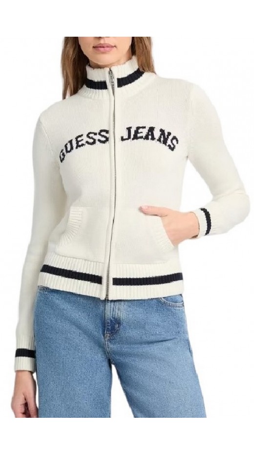 GUESS JEANS LS ZIPPED INTARSIA SWTR ΖΑΚΕΤΑ ΠΛΕΚΤΗ ΓΥΝΑΙΚΕΙΑ WHITE