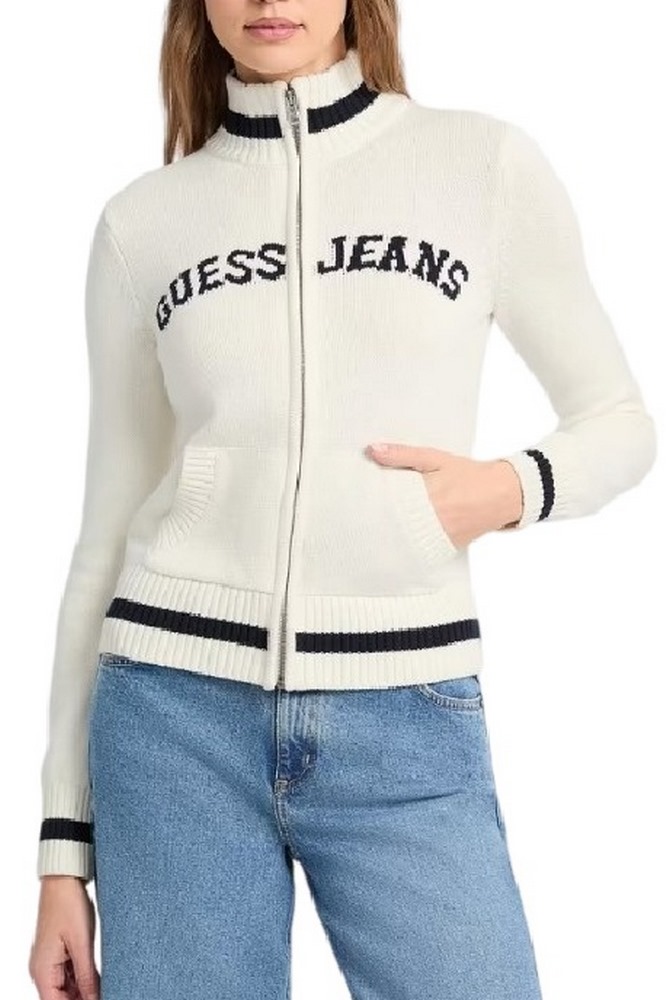 GUESS JEANS LS ZIPPED INTARSIA SWTR ΖΑΚΕΤΑ ΠΛΕΚΤΗ ΓΥΝΑΙΚΕΙΑ WHITE