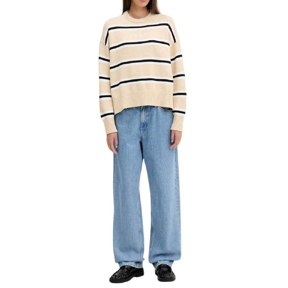 GUESS JEANS LS CN STRIPED SWT GENERATION YARN ΠΛΕΚΤΗ ΜΠΛΟΥΖΑ ΓΥΝΑΙΚΕΙΑ BEIGE