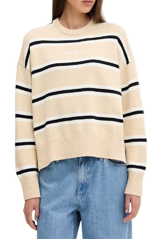 GUESS JEANS LS CN STRIPED SWT GENERATION YARN ΠΛΕΚΤΗ ΜΠΛΟΥΖΑ ΓΥΝΑΙΚΕΙΑ BEIGE