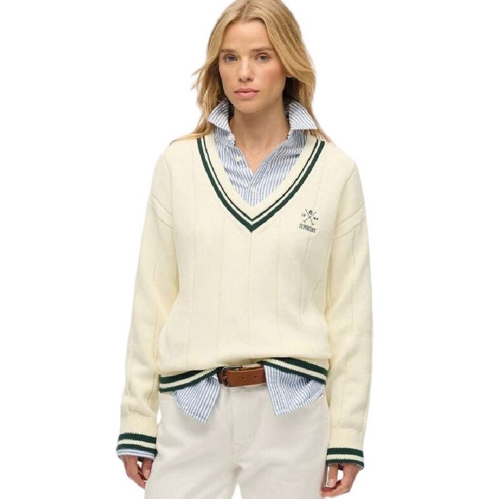 SUPERDRY D2 STUD CRICKET CLUB JUMPER ΜΠΛΟΥΖΑ ΠΛΕΚΤΗ ΓΥΝΑΙΚΕΙΑ OFF WHITE
