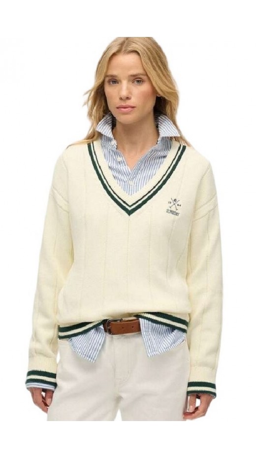 SUPERDRY D2 STUD CRICKET CLUB JUMPER ΜΠΛΟΥΖΑ ΠΛΕΚΤΗ ΓΥΝΑΙΚΕΙΑ OFF WHITE