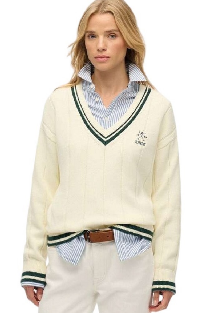 SUPERDRY D2 STUD CRICKET CLUB JUMPER ΜΠΛΟΥΖΑ ΠΛΕΚΤΗ ΓΥΝΑΙΚΕΙΑ OFF WHITE