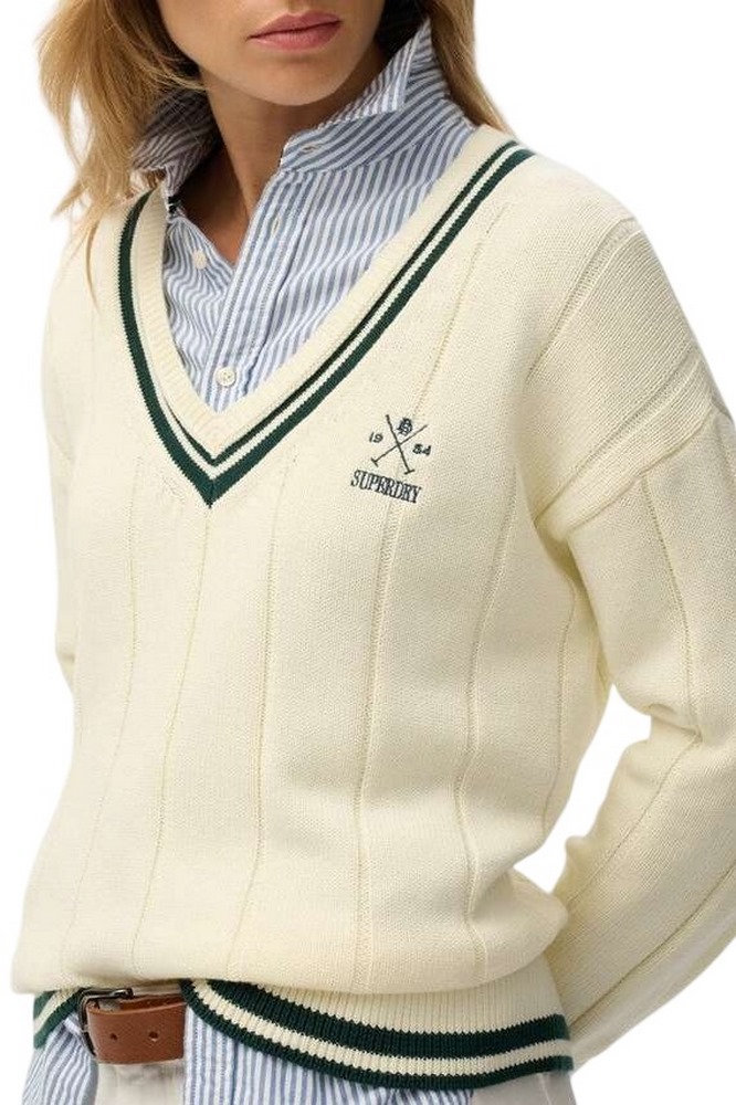 SUPERDRY D2 STUD CRICKET CLUB JUMPER ΜΠΛΟΥΖΑ ΠΛΕΚΤΗ ΓΥΝΑΙΚΕΙΑ OFF WHITE