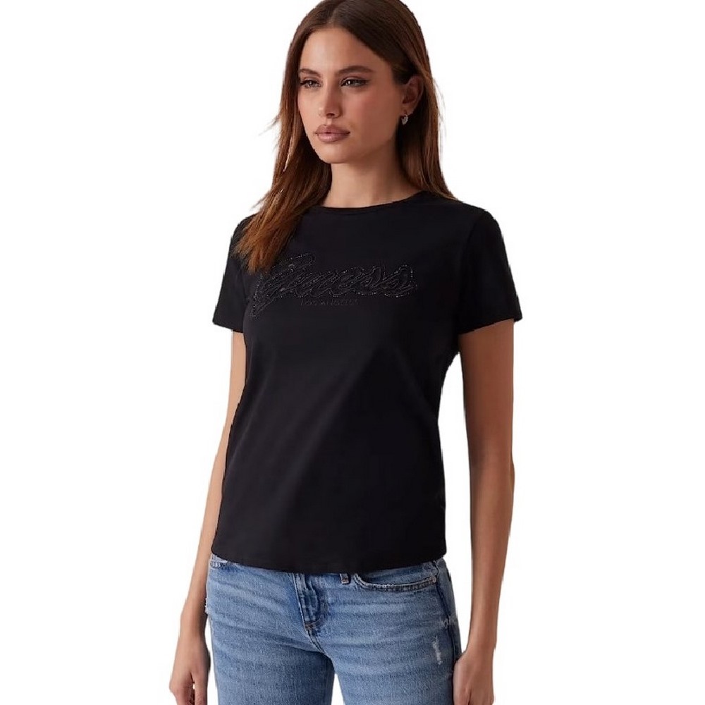 GUESS SS SCRIPT LACE LOGO EASY TEE T-SHIRT ΜΠΛΟΥΖΑ ΓΥΝΑΙΚΕΙΑ BLACK