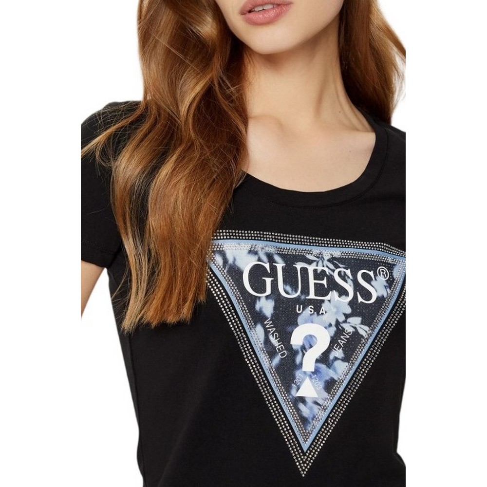 GUESS SS CN TRIANGLE FLOWER TEE T-SHIRT ΜΠΛΟΥΖΑ ΓΥΝΑΙΚΕΙΑ BLACK