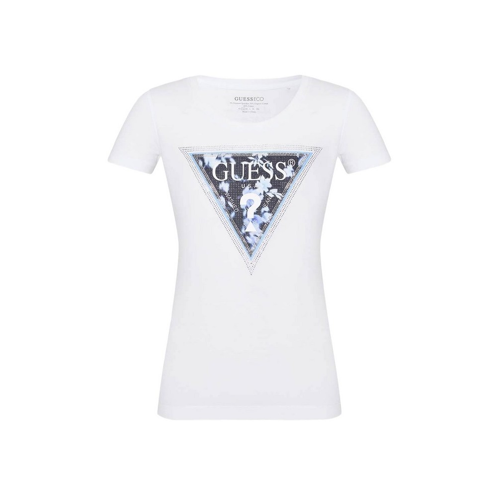 GUESS SS CN TRIANGLE FLOWER TEE T-SHIRT ΜΠΛΟΥΖΑ ΓΥΝΑΙΚΕΙΑ WHITE