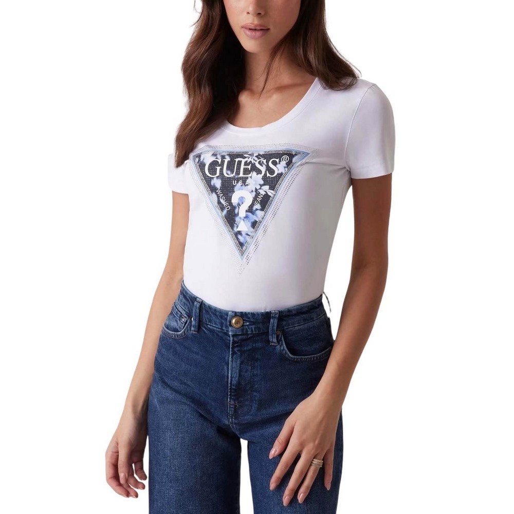 GUESS SS CN TRIANGLE FLOWER TEE T-SHIRT ΜΠΛΟΥΖΑ ΓΥΝΑΙΚΕΙΑ WHITE