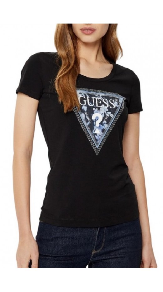 GUESS SS CN TRIANGLE FLOWER TEE T-SHIRT ΜΠΛΟΥΖΑ ΓΥΝΑΙΚΕΙΑ BLACK