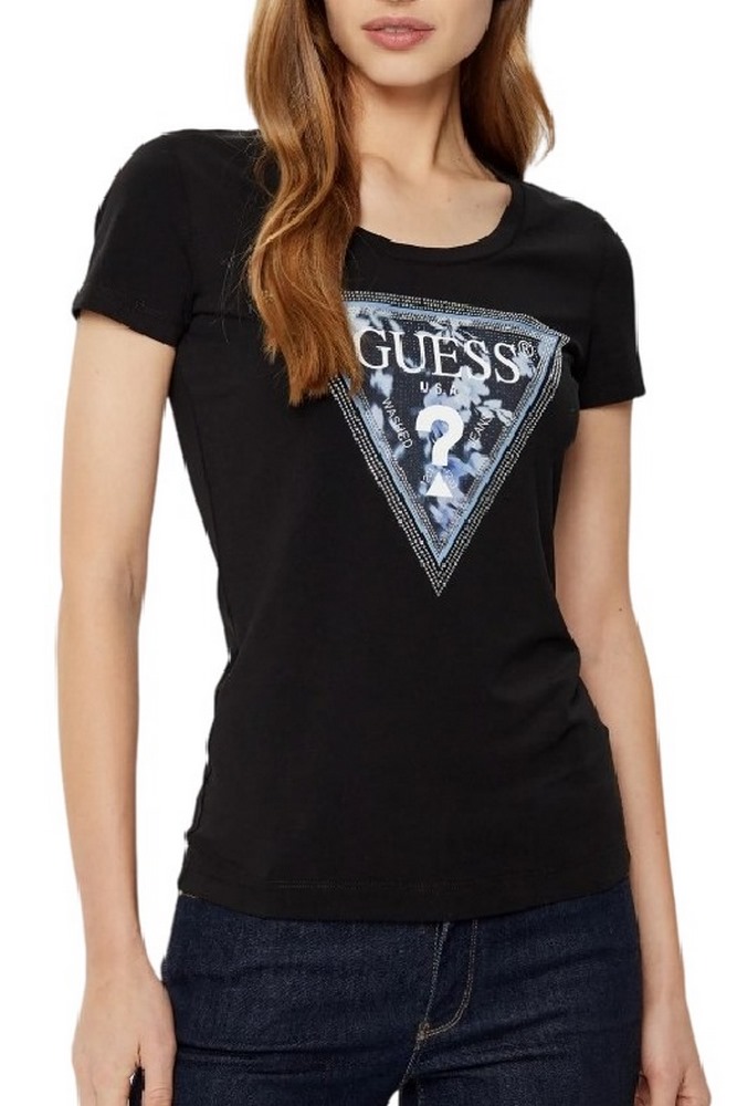 GUESS SS CN TRIANGLE FLOWER TEE T-SHIRT ΜΠΛΟΥΖΑ ΓΥΝΑΙΚΕΙΑ BLACK
