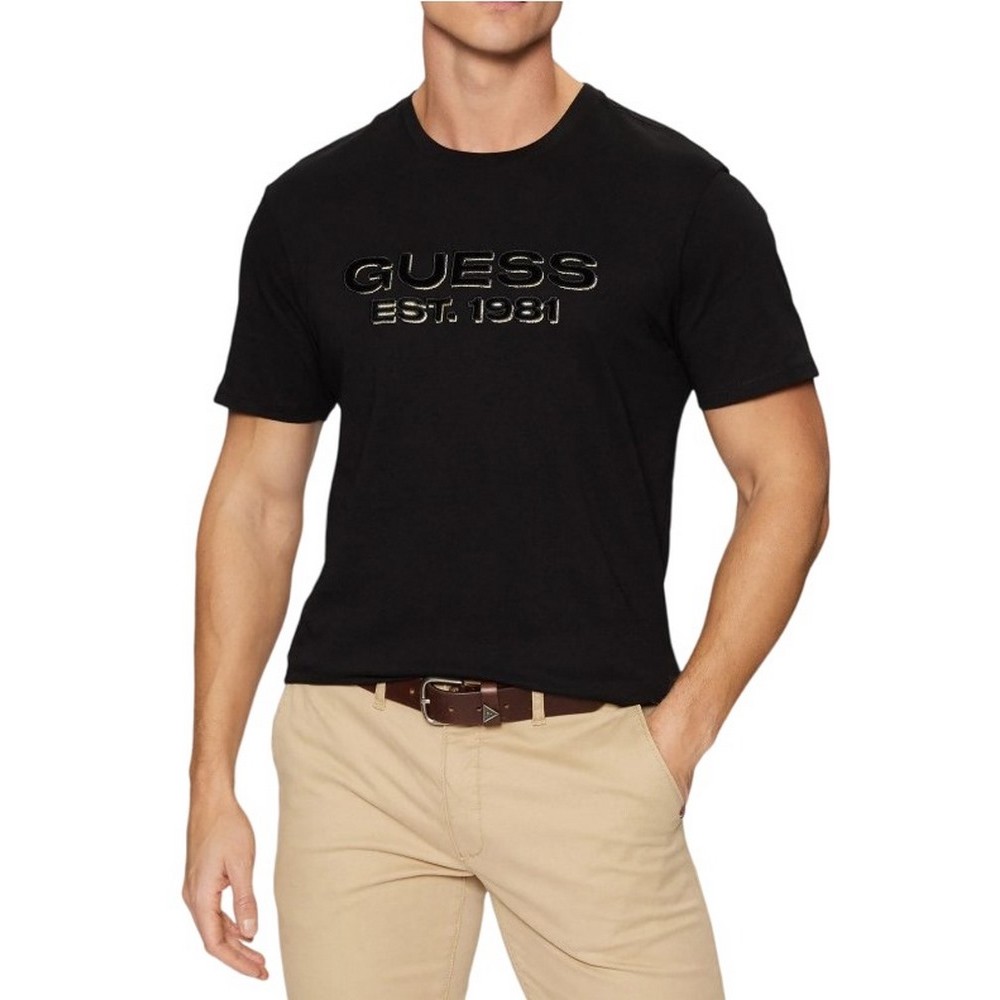 GUESS BSC VELVET LOGO TEE T-SHIRT ΜΠΛΟΥΖΑ ΑΝΔΡΙΚΗ BLACK