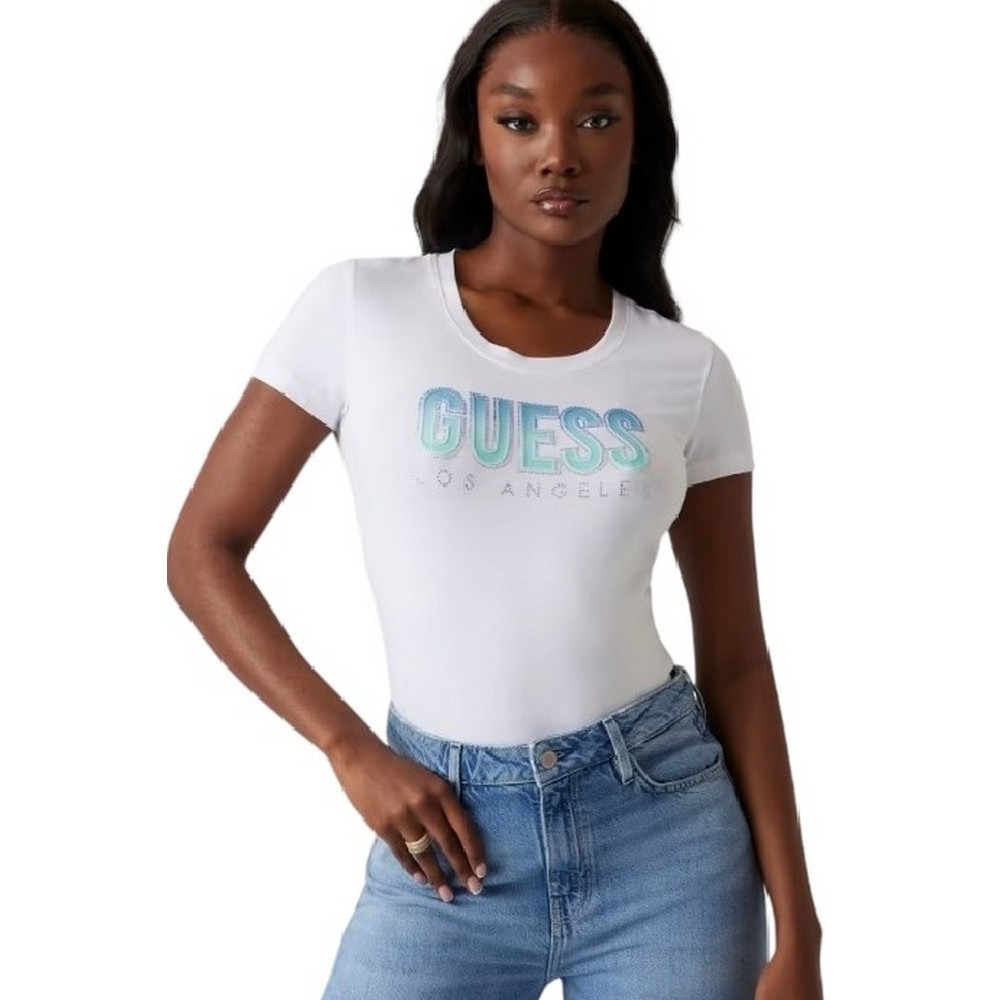 GUESS GLITTER DEGRADE LOGO TEE T-SHIRT ΜΠΛΟΥΖΑ ΓΥΝΑΙΚΕΙΑ WHITE