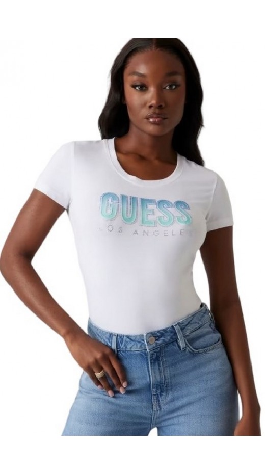GUESS GLITTER DEGRADE LOGO TEE T-SHIRT ΜΠΛΟΥΖΑ ΓΥΝΑΙΚΕΙΑ WHITE