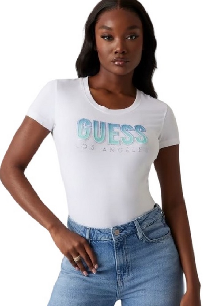 GUESS GLITTER DEGRADE LOGO TEE T-SHIRT ΜΠΛΟΥΖΑ ΓΥΝΑΙΚΕΙΑ WHITE