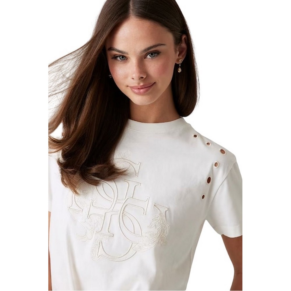 GUESS EYELET TONE ON TONE TEE T-SHIRT ΜΠΛΟΥΖΑ ΓΥΝΑΙΚΕΙΑ OFF WHITE