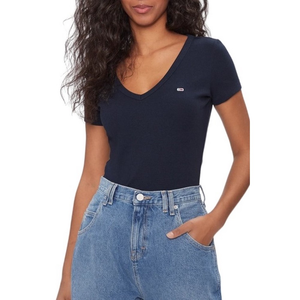 TOMMY JEANS SLIM ESSENTIAL RIB V SS T-SHIRT ΜΠΛΟΥΖΑ ΓΥΝΑΙΚΕΙΑ DARK NAVY