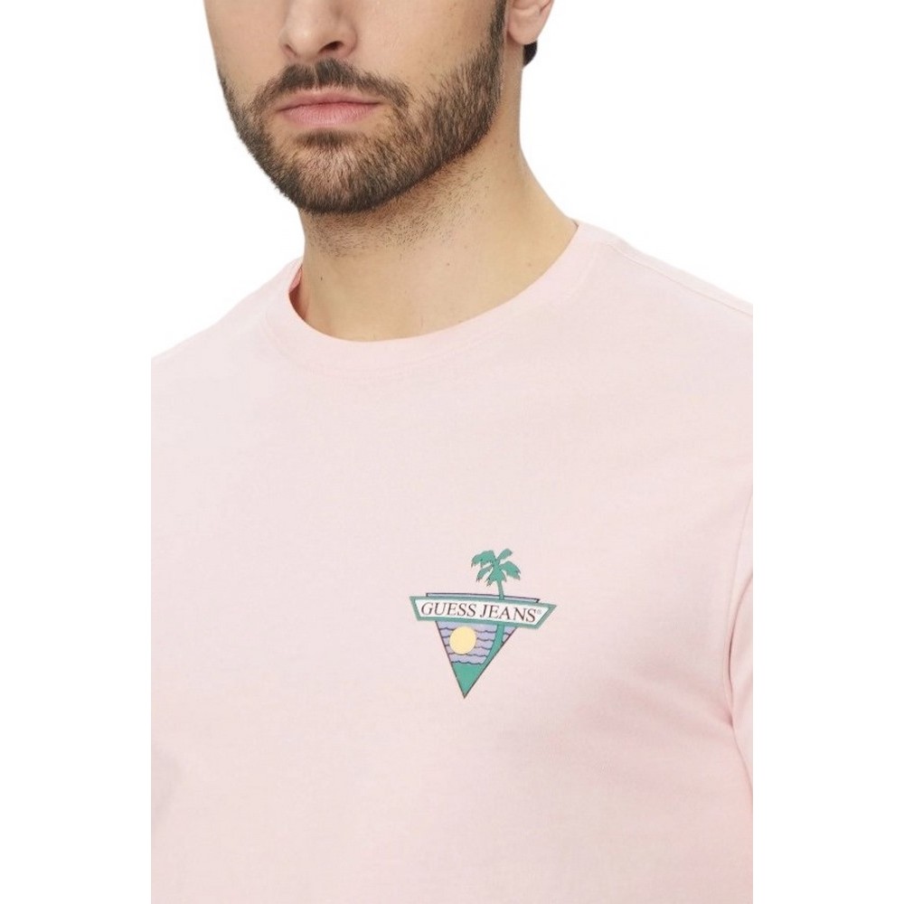 GUESS JEANS SS CN REG PALM TR ΜΠΛΟΥΖΑ ΑΝΔΡΙΚΗ PINK