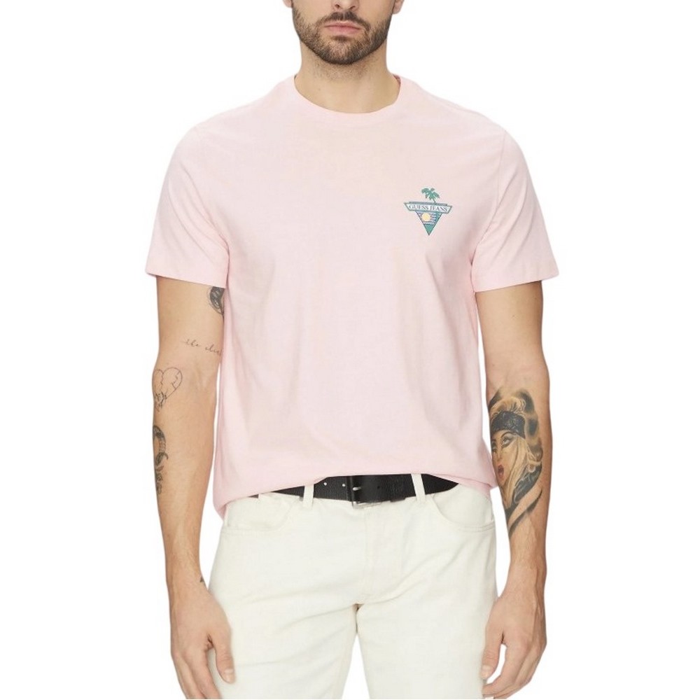 GUESS JEANS SS CN REG PALM TR ΜΠΛΟΥΖΑ ΑΝΔΡΙΚΗ PINK
