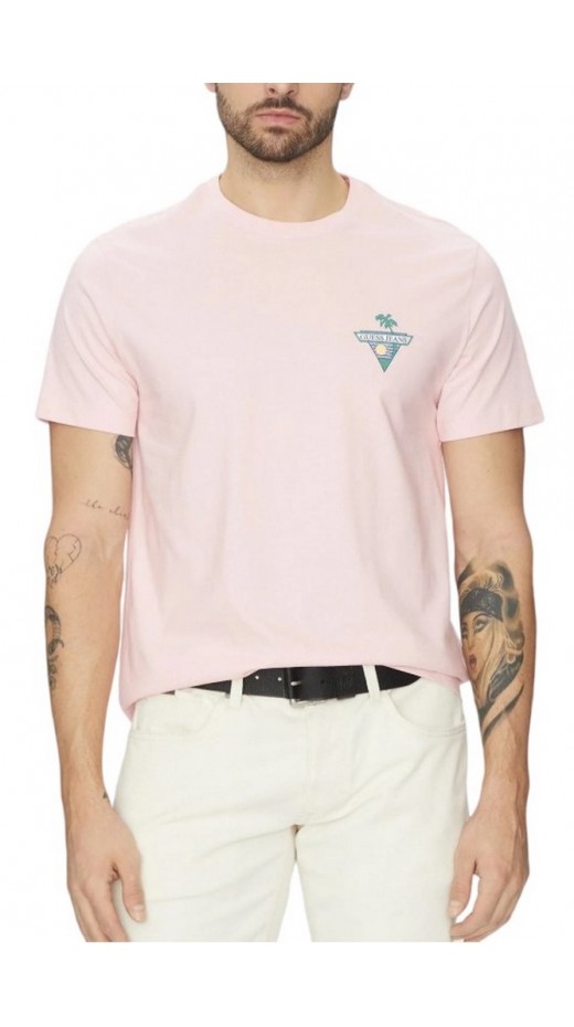 GUESS JEANS SS CN REG PALM TR ΜΠΛΟΥΖΑ ΑΝΔΡΙΚΗ PINK