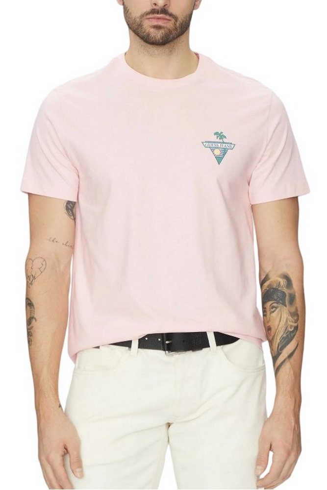 GUESS JEANS SS CN REG PALM TR ΜΠΛΟΥΖΑ ΑΝΔΡΙΚΗ PINK