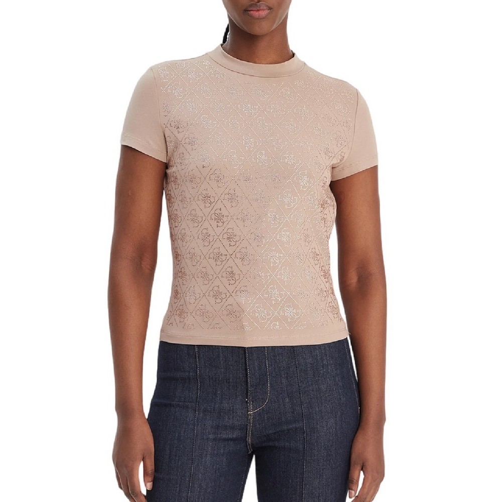 GUESS MOCK NECK ALL OVER 4G TEET-SHIRT  ΜΠΛΟΥΖΑ ΓΥΝΑΙΚΕΙΑ BEIGE