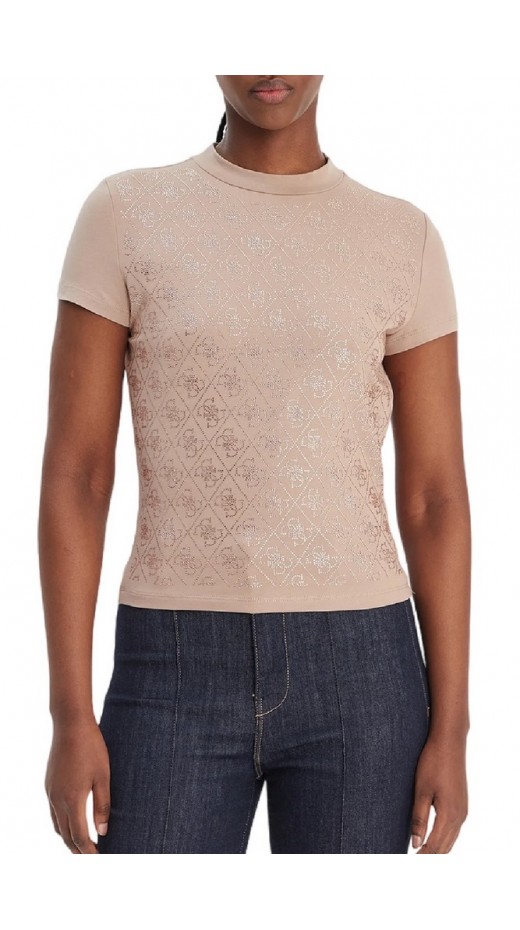 GUESS MOCK NECK ALL OVER 4G TEET-SHIRT  ΜΠΛΟΥΖΑ ΓΥΝΑΙΚΕΙΑ BEIGE