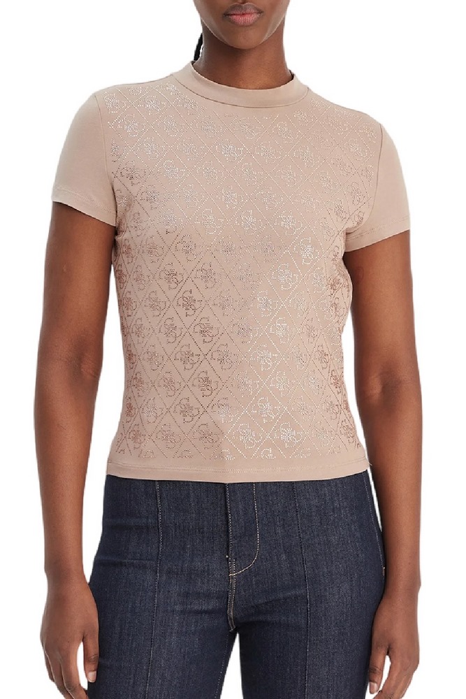 GUESS MOCK NECK ALL OVER 4G TEET-SHIRT  ΜΠΛΟΥΖΑ ΓΥΝΑΙΚΕΙΑ BEIGE