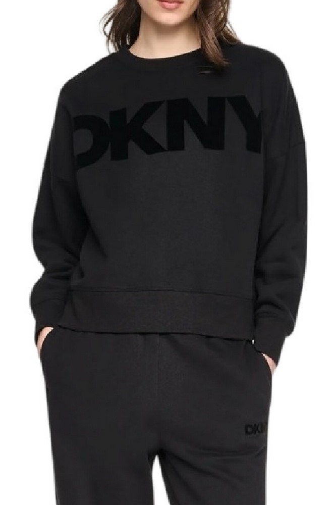 DKNY FLOCKED VARSITY LOGO SWEATSHIRT ΜΠΛΟΥΖΑ ΦΟΥΤΕΡ ΓΥΝΑΙΚΕΙΑ BLACK