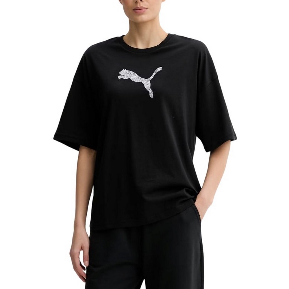 PUMA ESS GRAPHICS LEO LUXE BEDAZZLED OVERSIZED SLIM T-SHIRT ΜΠΛΟΥΖΑ ΓΥΝΑΙΚΕΙΑ BLACK