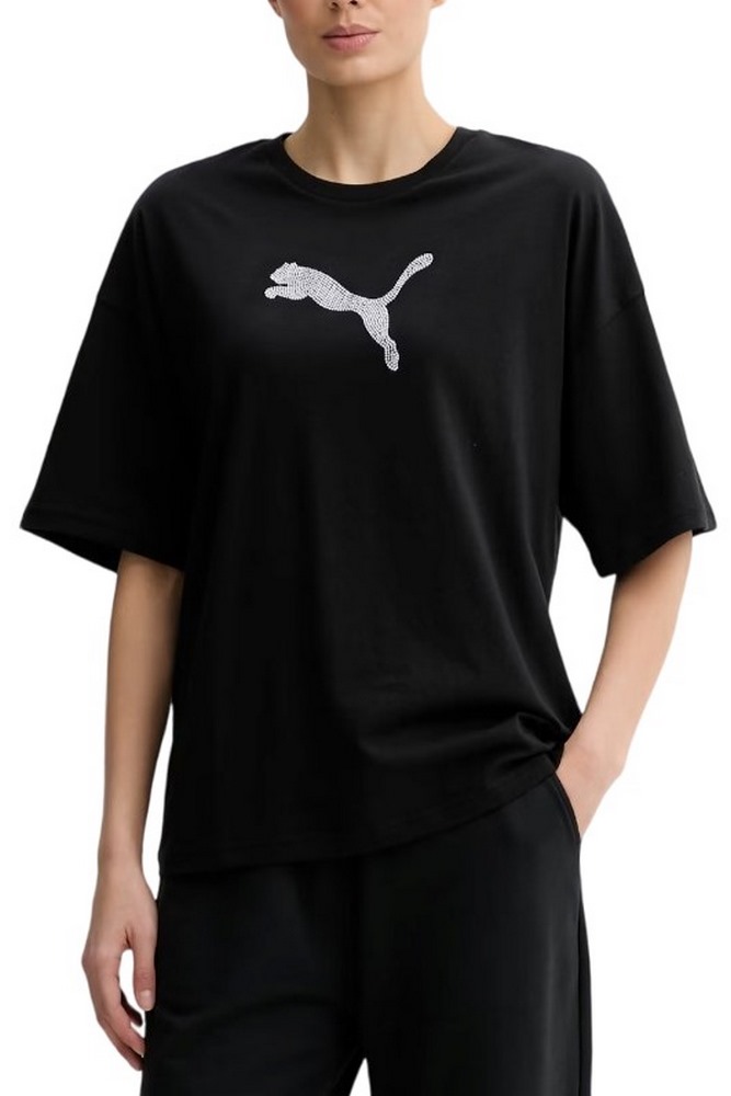 PUMA ESS GRAPHICS LEO LUXE BEDAZZLED OVERSIZED SLIM T-SHIRT ΜΠΛΟΥΖΑ ΓΥΝΑΙΚΕΙΑ BLACK