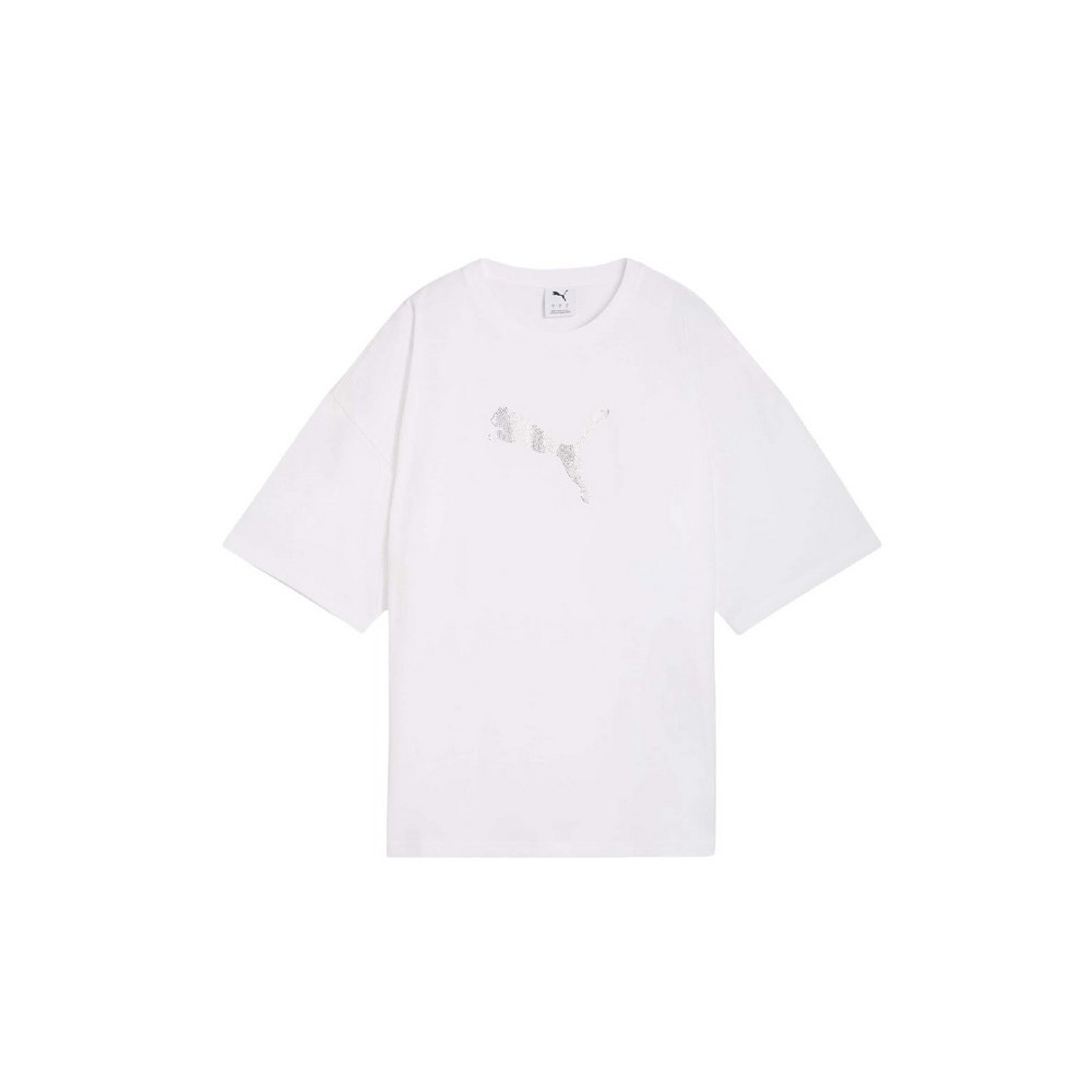 PUMA ESS GRAPHICS LEO LUXE BEDAZZLED OVERSIZED SLIM T-SHIRT ΜΠΛΟΥΖΑ ΓΥΝΑΙΚΕΙΑ WHITE