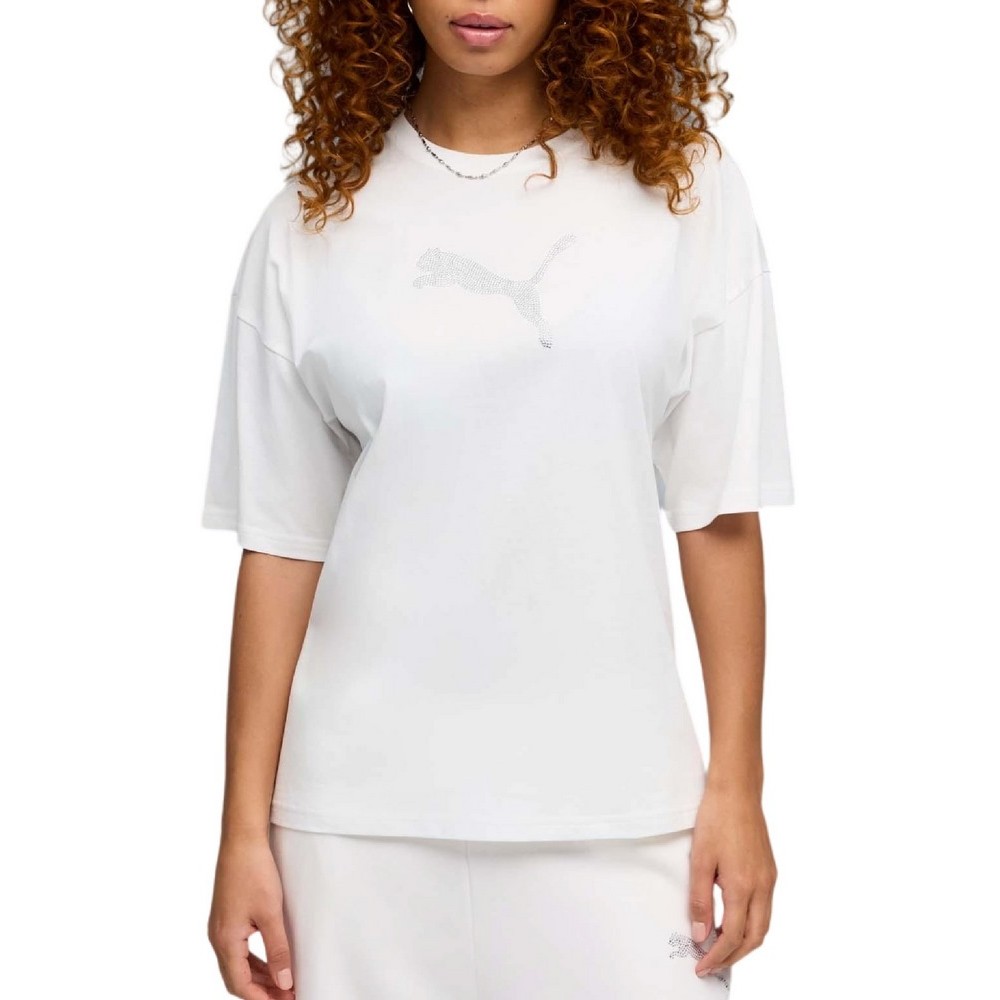 PUMA ESS GRAPHICS LEO LUXE BEDAZZLED OVERSIZED SLIM T-SHIRT ΜΠΛΟΥΖΑ ΓΥΝΑΙΚΕΙΑ WHITE