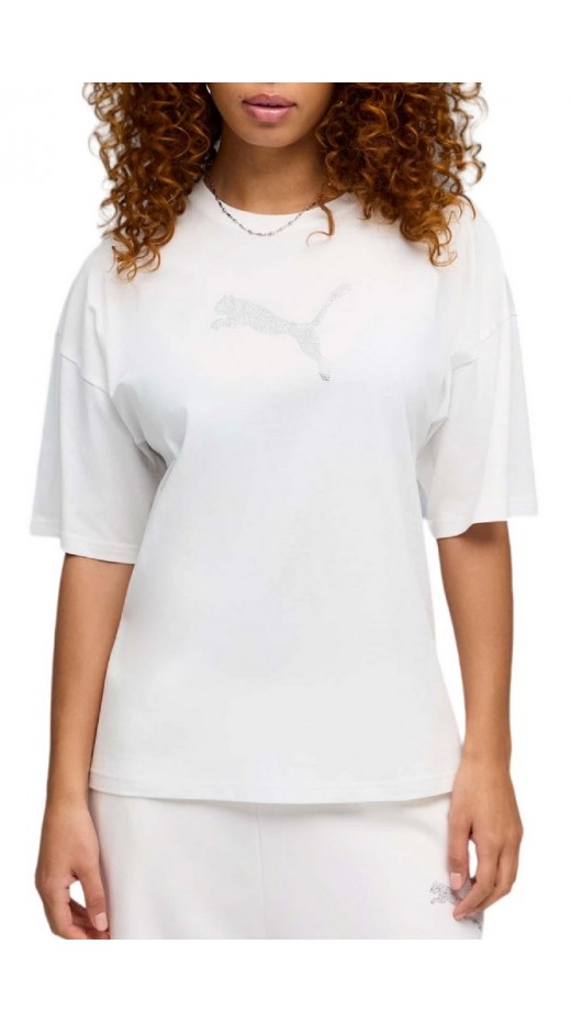 PUMA ESS GRAPHICS LEO LUXE BEDAZZLED OVERSIZED SLIM T-SHIRT ΜΠΛΟΥΖΑ ΓΥΝΑΙΚΕΙΑ WHITE