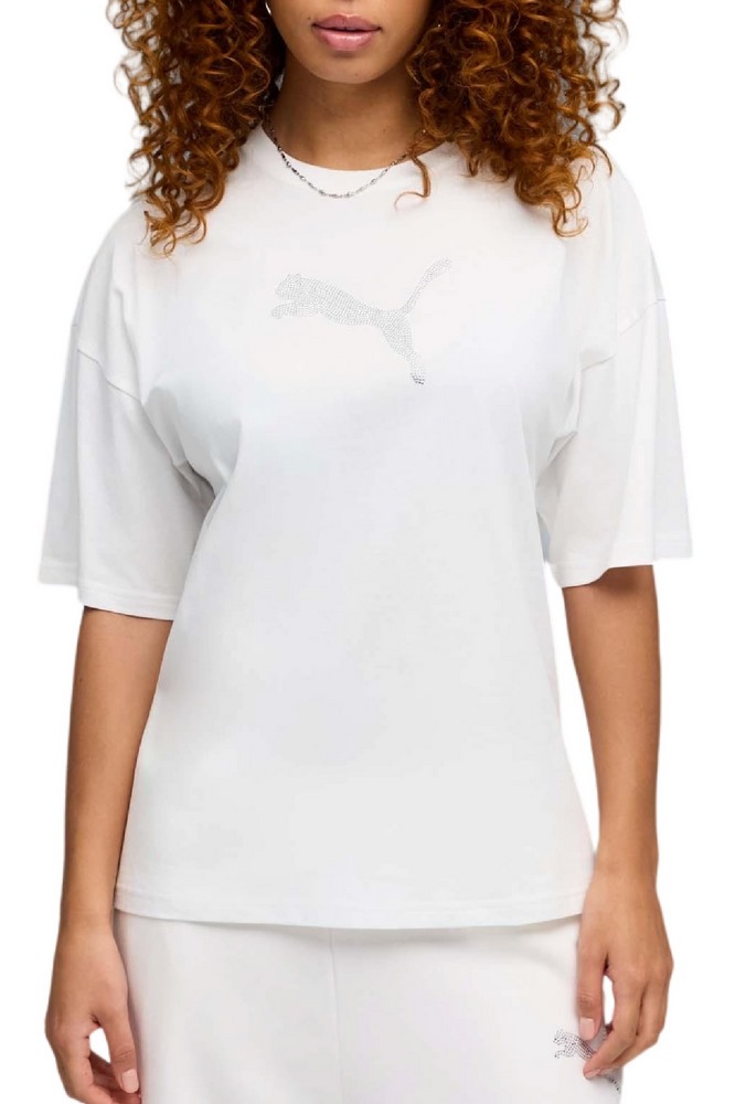 PUMA ESS GRAPHICS LEO LUXE BEDAZZLED OVERSIZED SLIM T-SHIRT ΜΠΛΟΥΖΑ ΓΥΝΑΙΚΕΙΑ WHITE