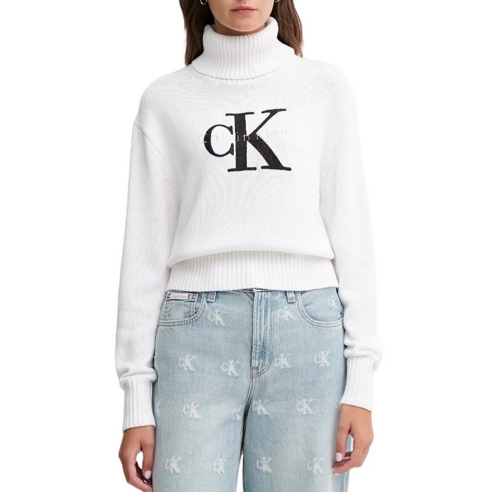 CALVIN KLEIN JEANS CHENILLE MONOLOGO SWEATER ΜΠΛΟΥΖΑ ΠΛΕΚΤΗ ΓΥΝΑΙΚΕΙΑ WHITE
