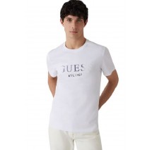 GUESS SS CN SPRAYED FLOCK LOGO TEE T-SHIRT ΜΠΛΟΥΖΑ ΑΝΔΡΙΚΗ WHITE