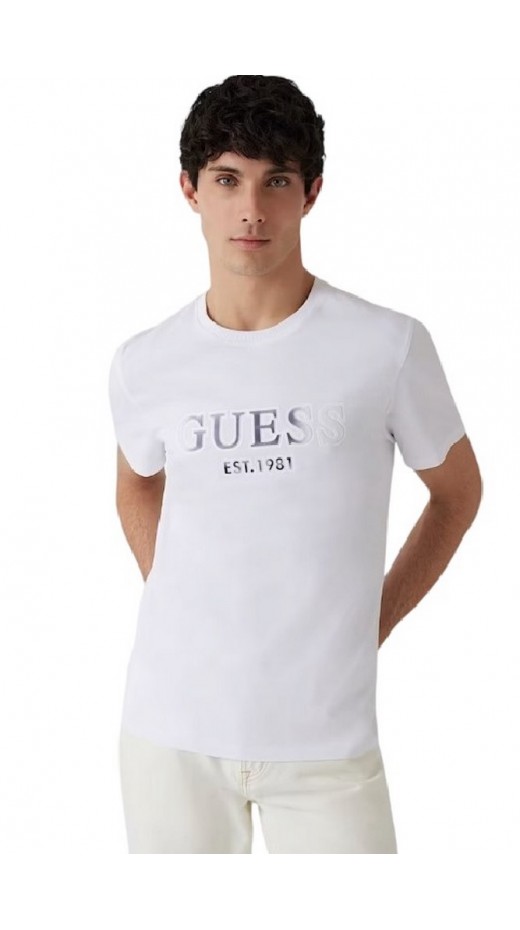 GUESS SS CN SPRAYED FLOCK LOGO TEE T-SHIRT ΜΠΛΟΥΖΑ ΑΝΔΡΙΚΗ WHITE