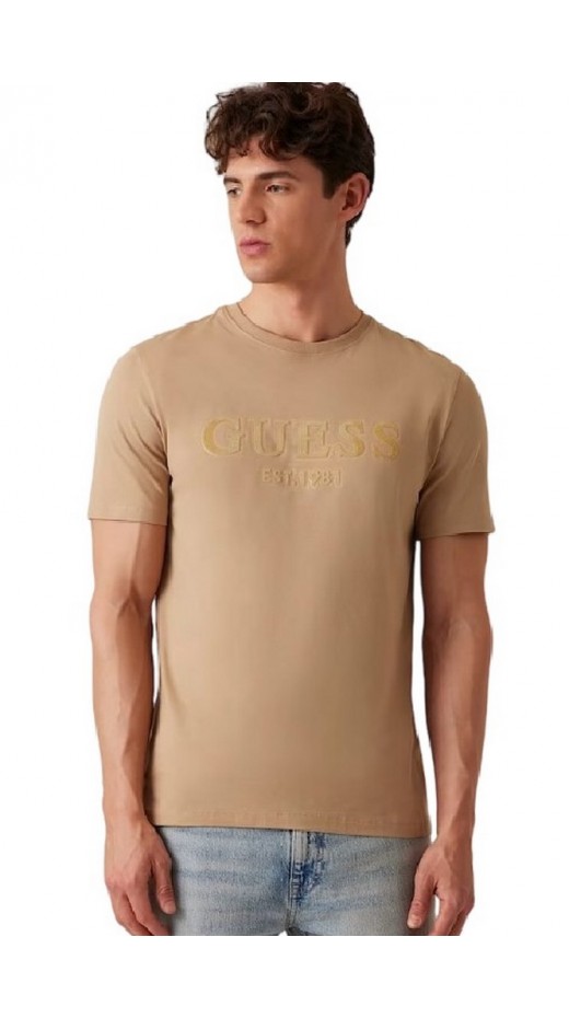 GUESS SS CN SPRAYED FLOCK LOGO TEE T-SHIRT ΜΠΛΟΥΖΑ ΑΝΔΡΙΚΗ BEIGE