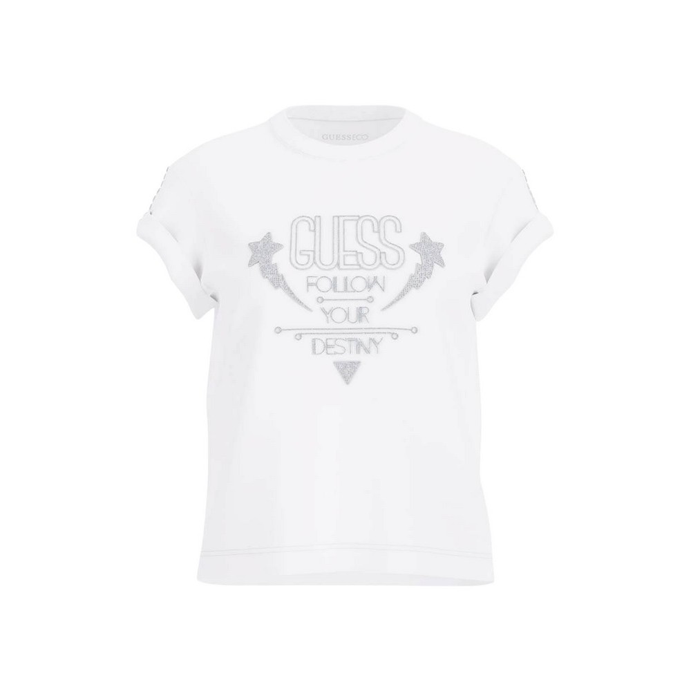 GUESS SS CN SLEEVES STRASS DETAIL T-SHIRT ΜΠΛΟΥΖΑ ΓΥΝΑΙΚΕΙΑ WHITE
