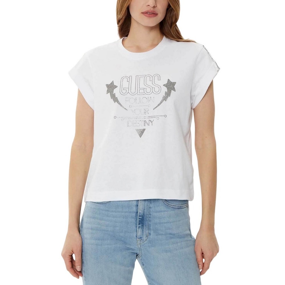GUESS SS CN SLEEVES STRASS DETAIL T-SHIRT ΜΠΛΟΥΖΑ ΓΥΝΑΙΚΕΙΑ WHITE