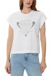 GUESS SS CN SLEEVES STRASS DETAIL T-SHIRT ΜΠΛΟΥΖΑ ΓΥΝΑΙΚΕΙΑ WHITE